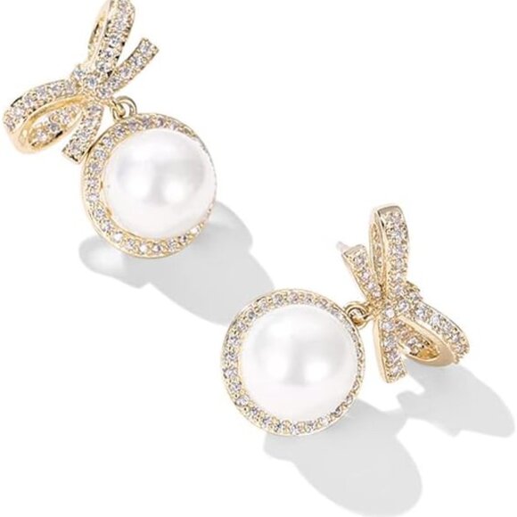 14k Gold Plated Stud Earrings for Women Pearl Bow Cubic Zirconia Fine Jewelry - Picture 5 of 6